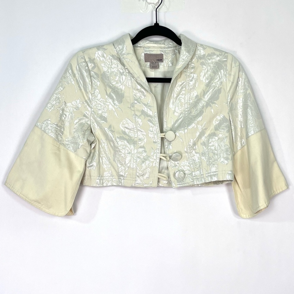 H&M Cream Ivory and silver brocade floral cropped blazer jacket Sz 6